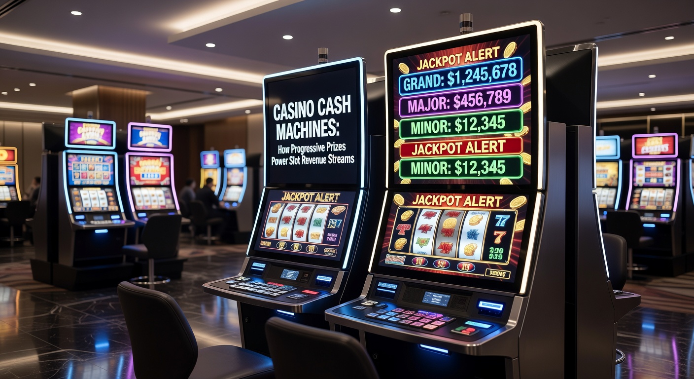 Vibrant casino floor packed with slot machines displaying escalating progressive jackpot meters, lights flashing amid crowds of players