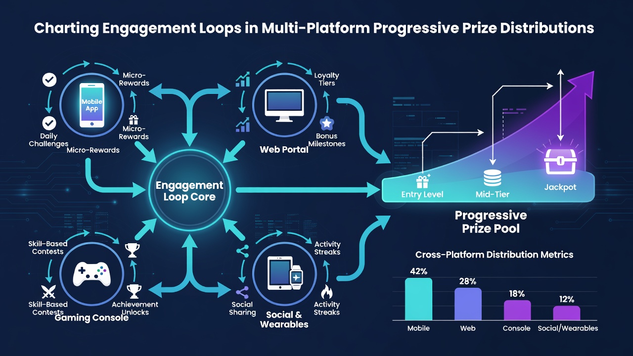 Visualization of player engagement flow diagrams and prize meter synchronization across multiple gaming platforms