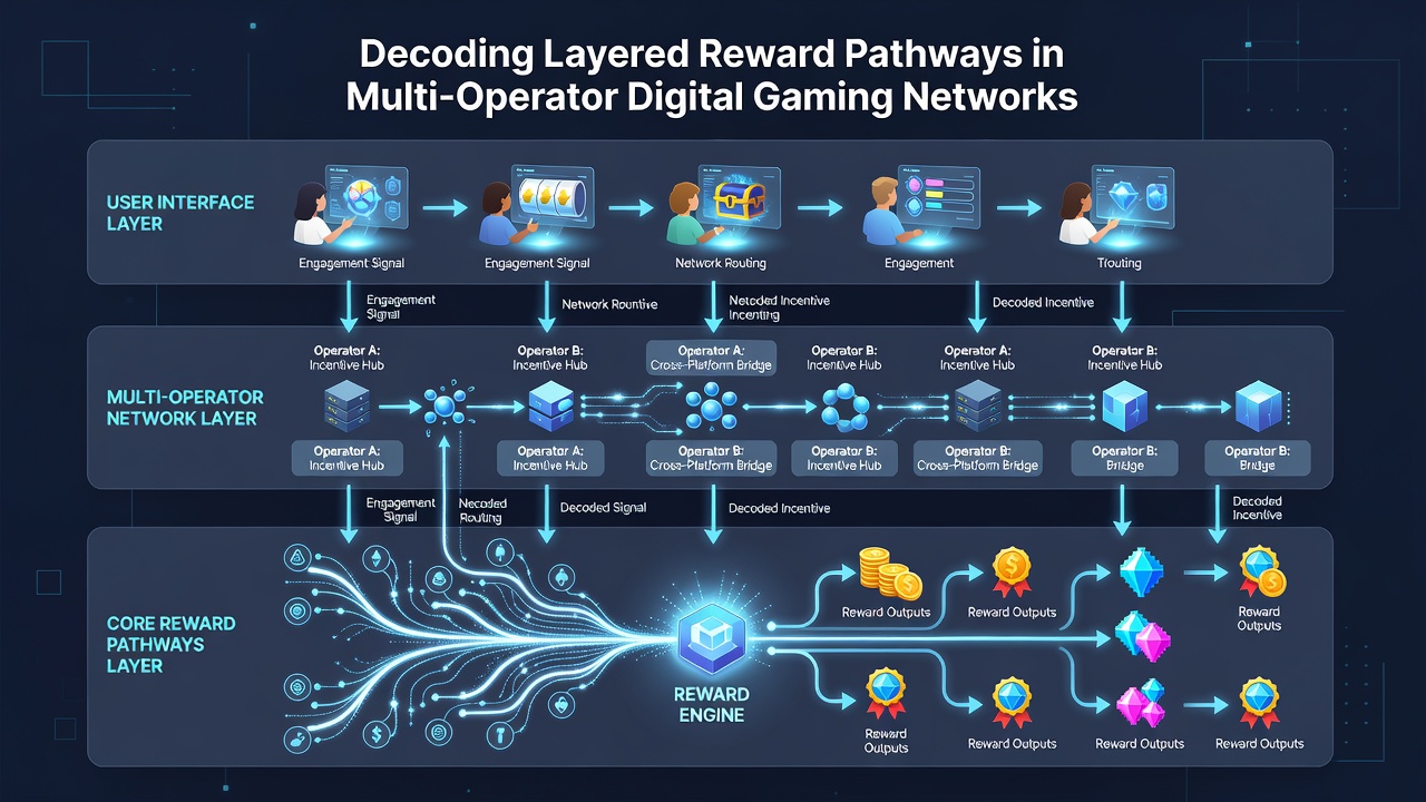 Diagram depicting data synchronization and reward distribution layers in gaming networks