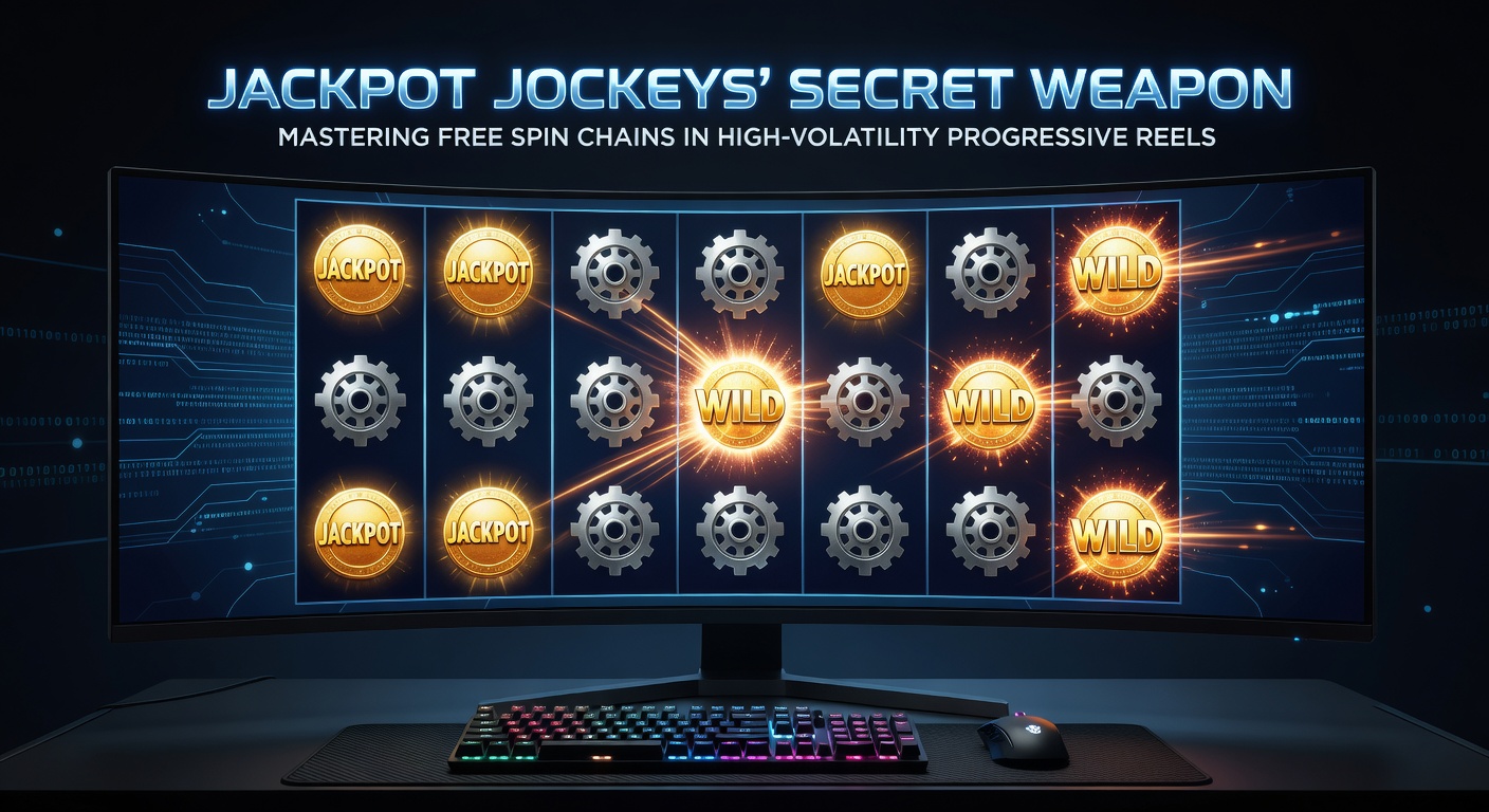 Close-up of a jackpot jockey celebrating a massive free spin chain payout on a high-volatility progressive slot screen, with cascading symbols and exploding multipliers