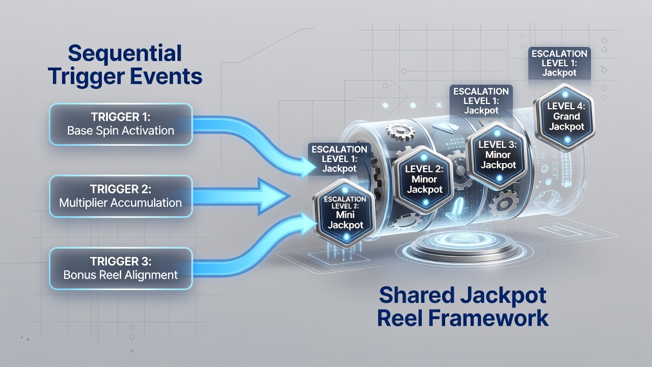 Flowchart showing how sequential triggers escalate prizes in shared jackpot reel networks with tier progression indicators