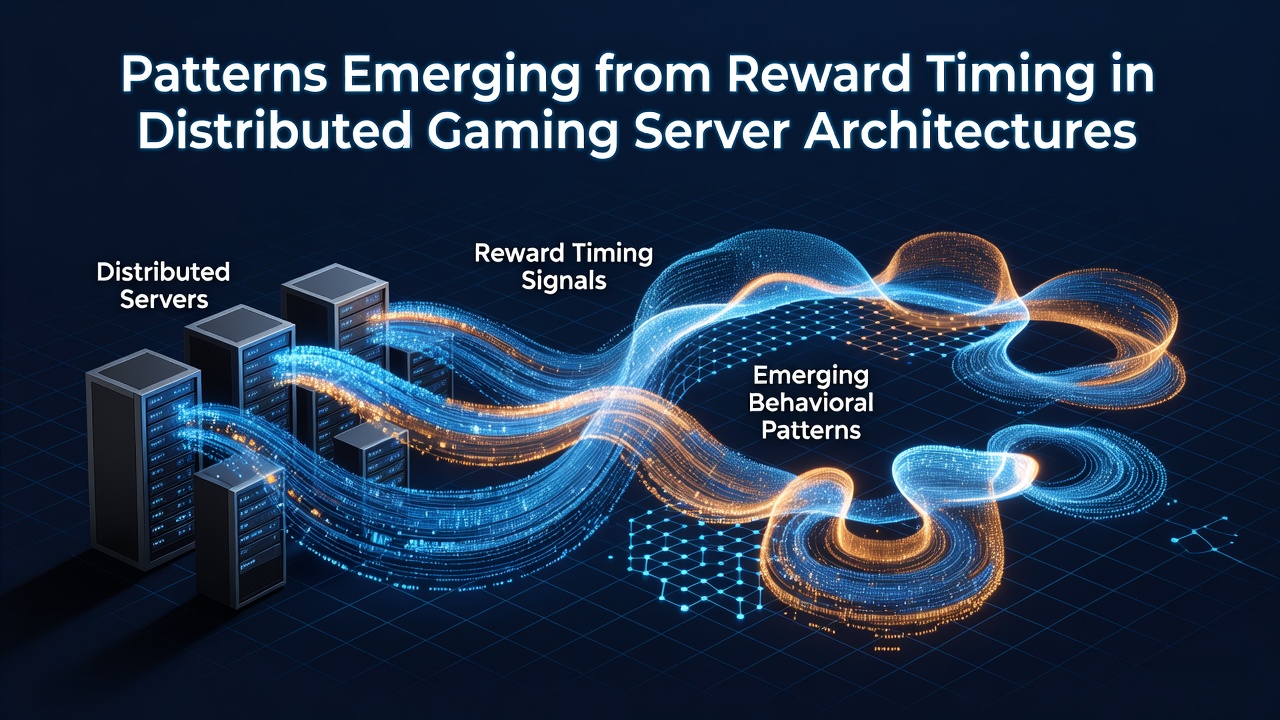 Diagram showing reward timing synchronization across multiple distributed gaming servers with latency indicators and data flow arrows