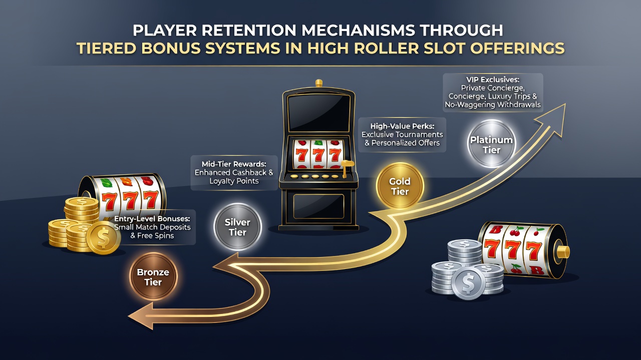High roller slot floor showing tiered bonus displays and player loyalty terminals at a major casino resort
