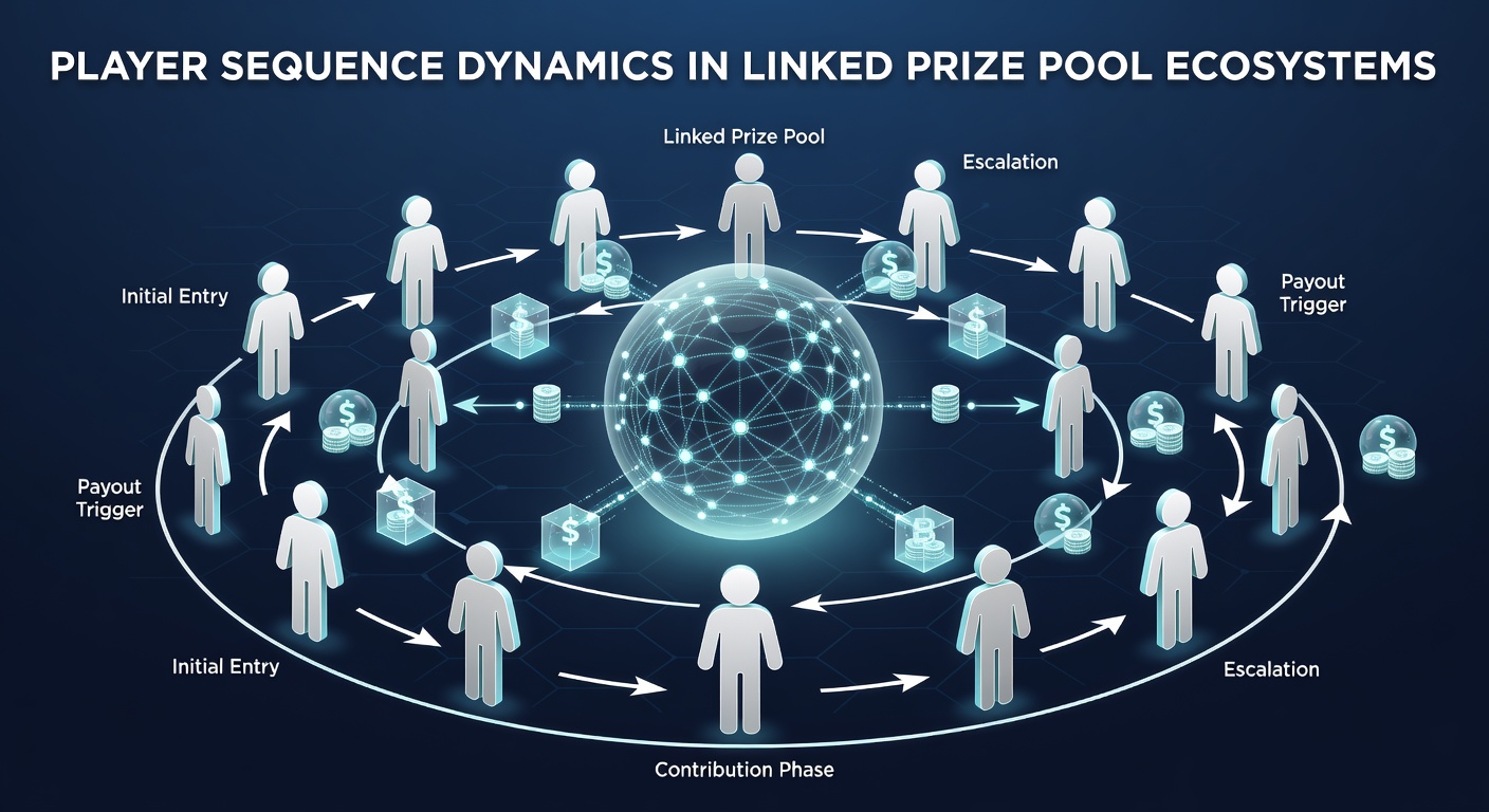 Visualization of player sequences interacting with linked prize pool networks across casino floors
