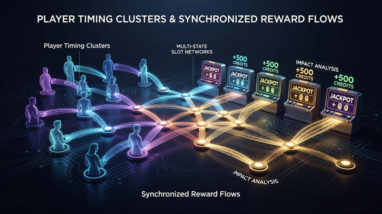 Network diagram illustrating reward flow synchronization driven by player timing clusters