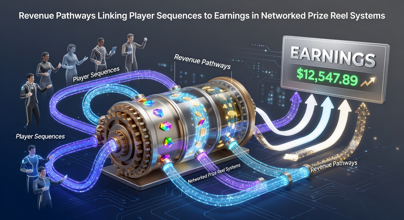 Networked prize reel systems displaying interconnected slot machines and revenue tracking interfaces