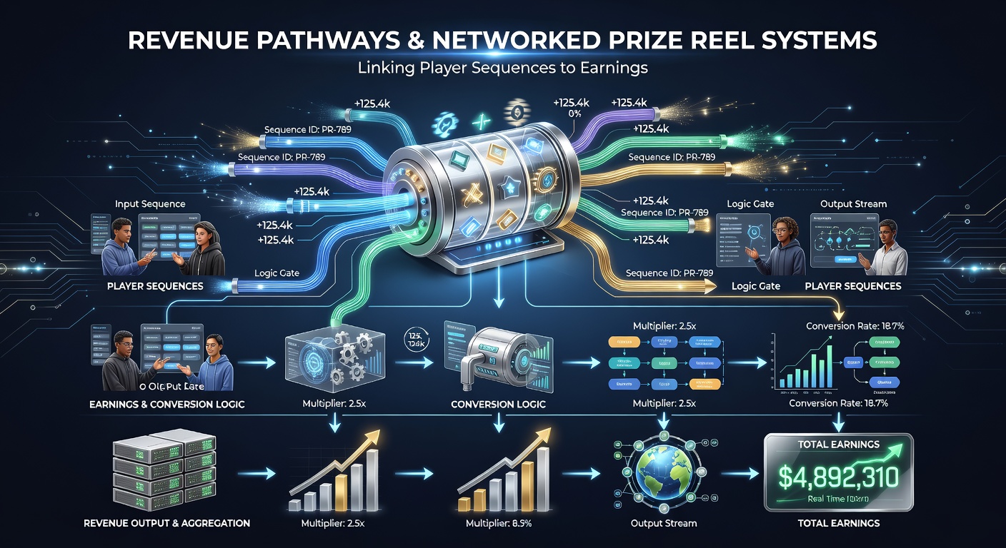 Data visualization of player sequences flowing into earnings metrics within prize reel networks