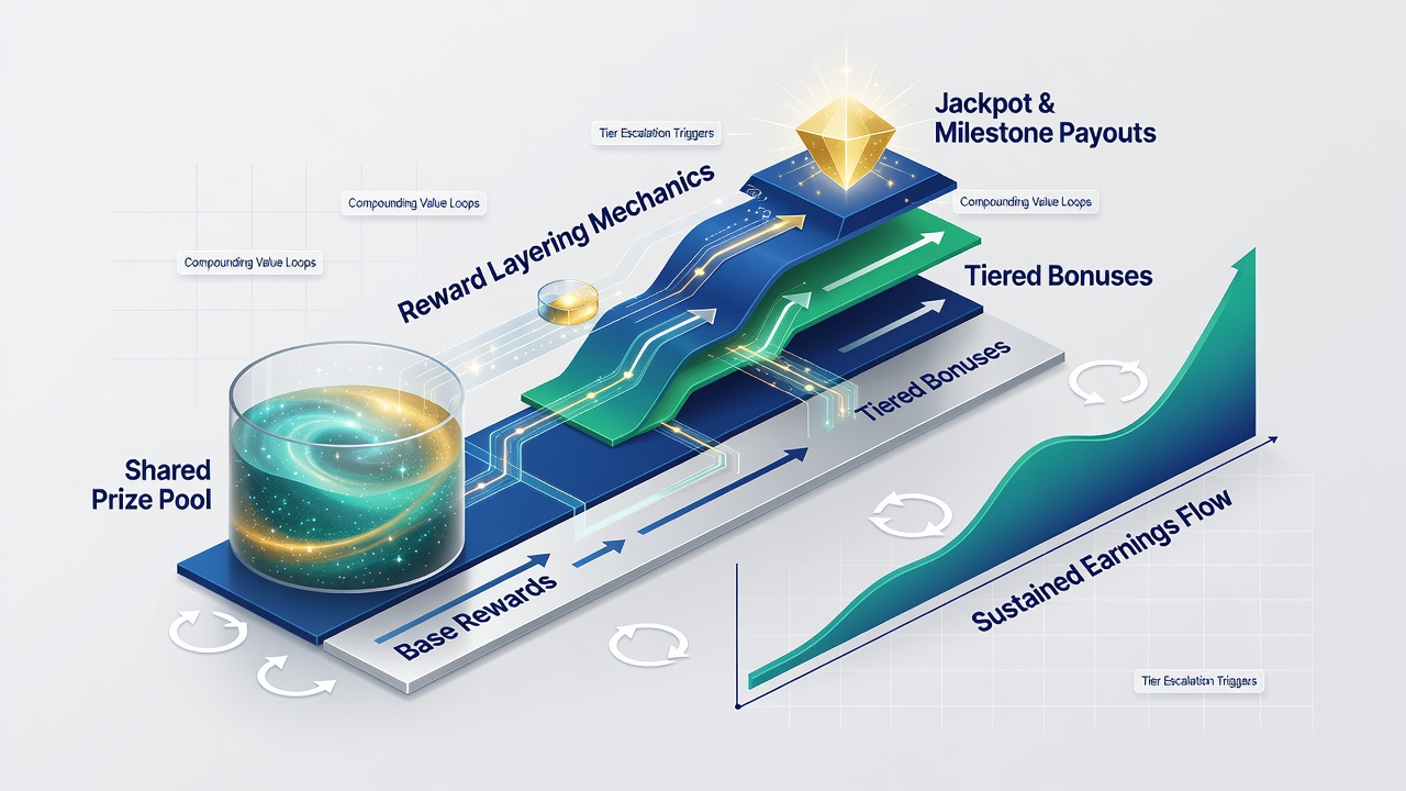 Chart showing earnings flow through layered prize mechanisms over multiple player sessions