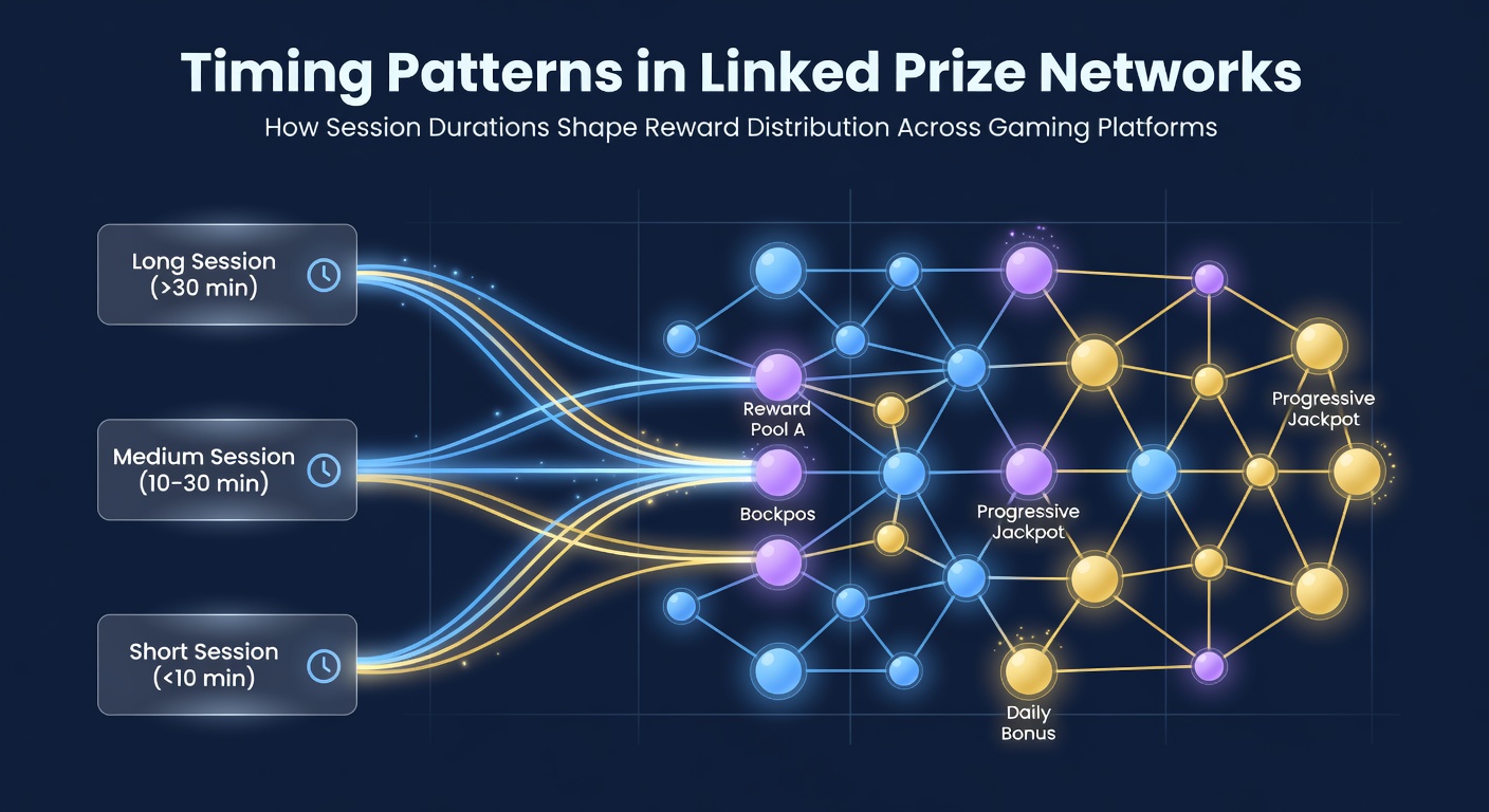 Network diagram showing linked prize systems across multiple gaming platforms with session timing indicators